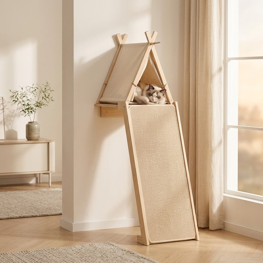 Arbre à chat mural avec tente et rampe sisal — Hytte