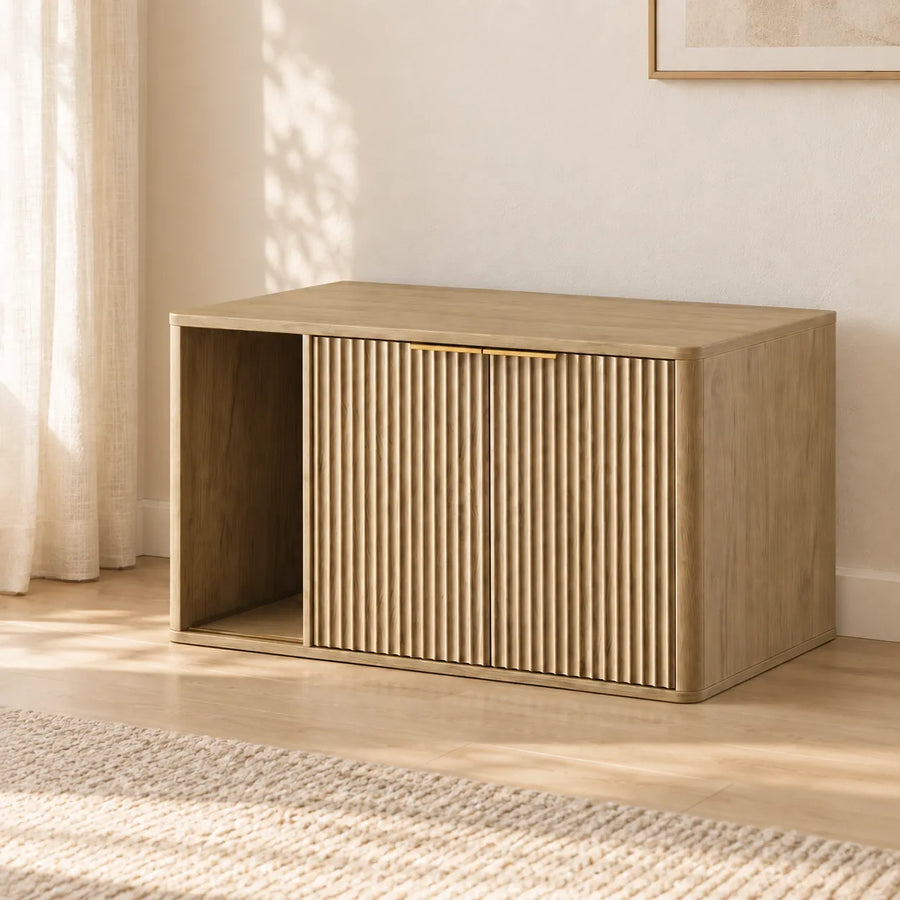 Meuble cache-litière bois rainuré — Rille