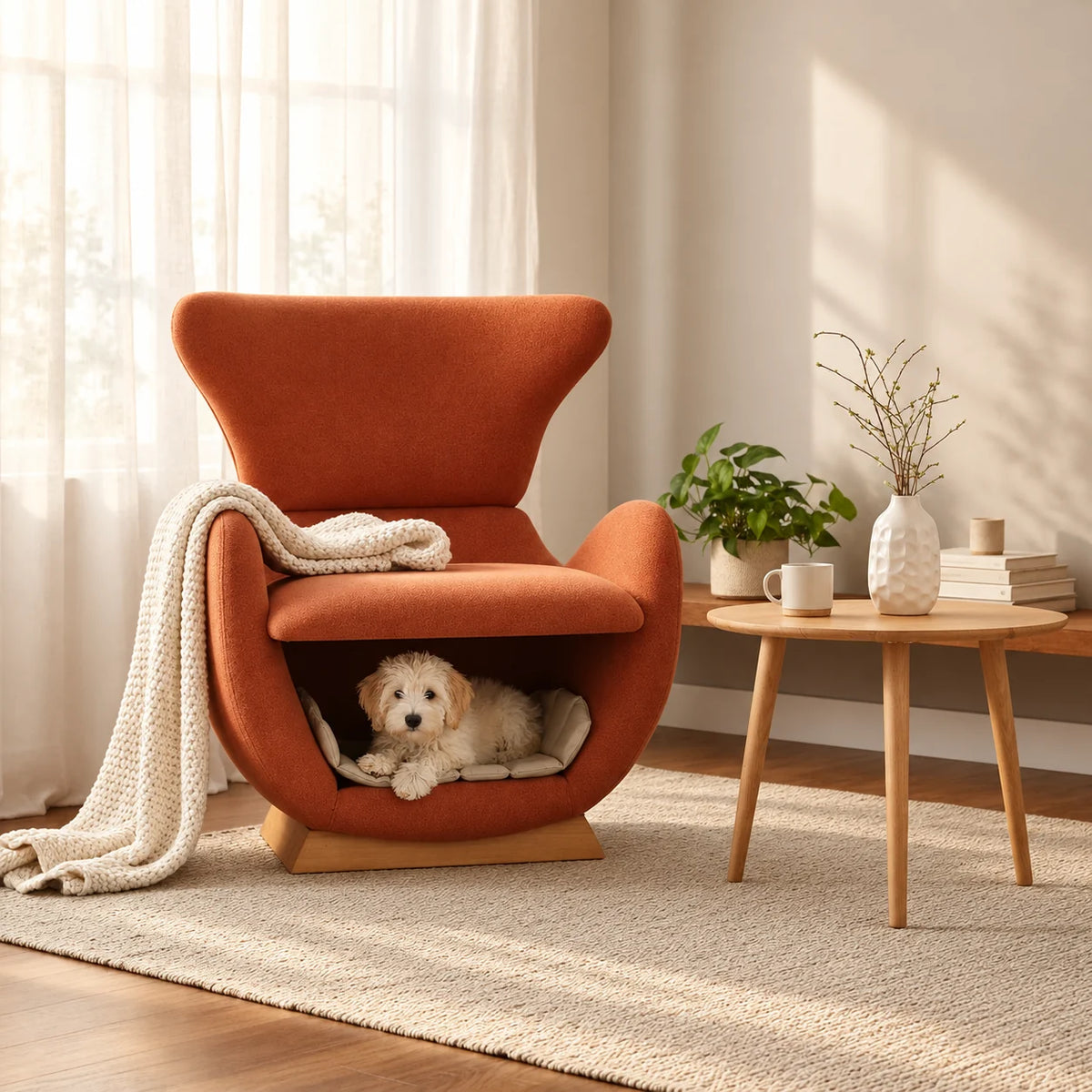 Fauteuil terracotta SAMMEN installé dans un salon lumineux avec chiot dans sa niche inférieure