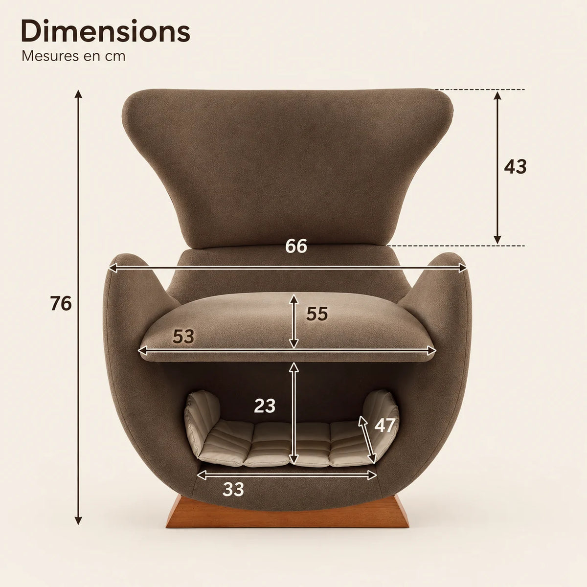 SAMMEN CAFÉ — infographie de dimensions du fauteuil et de la niche intégrée en centimètres