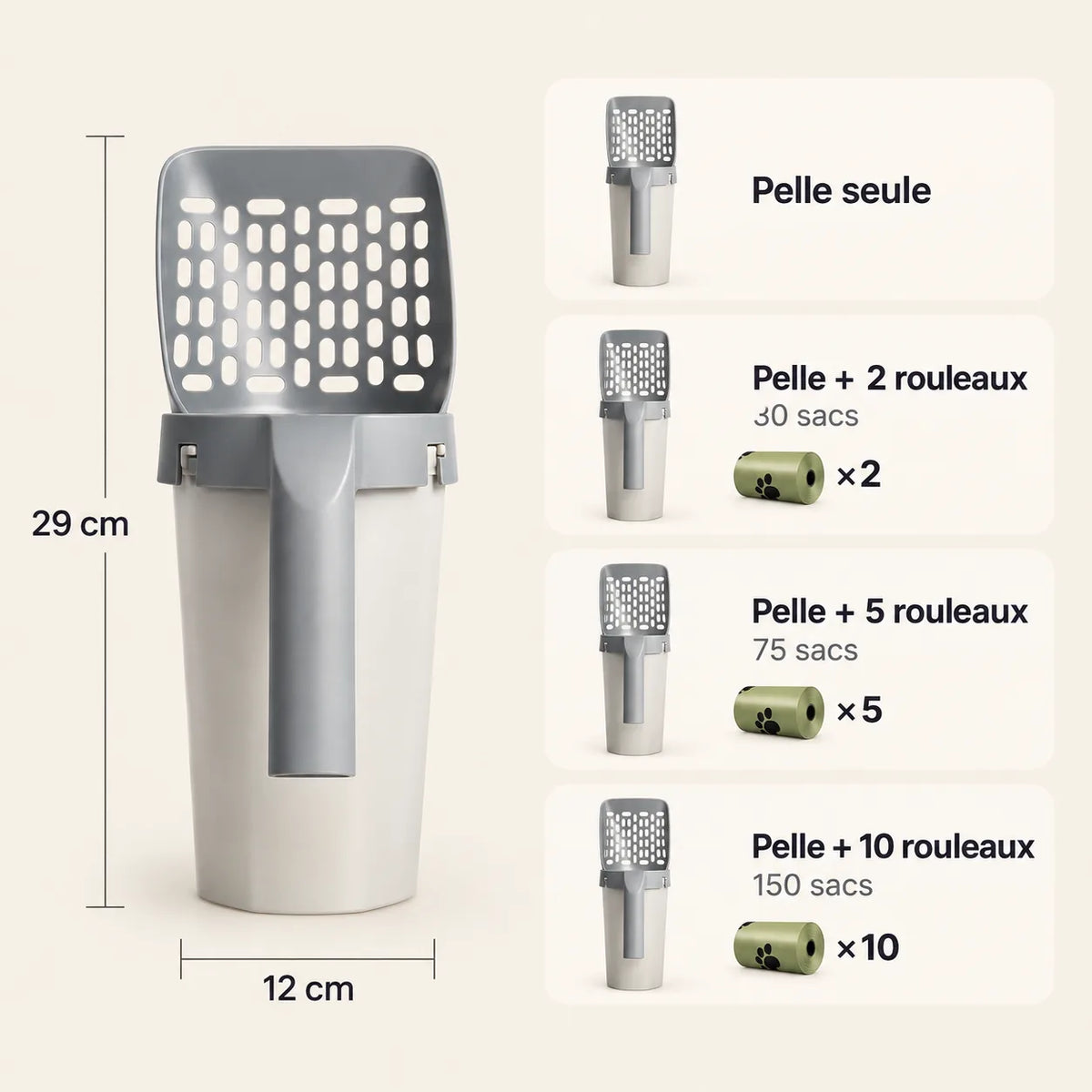 Configurations de la pelle à litière Rens